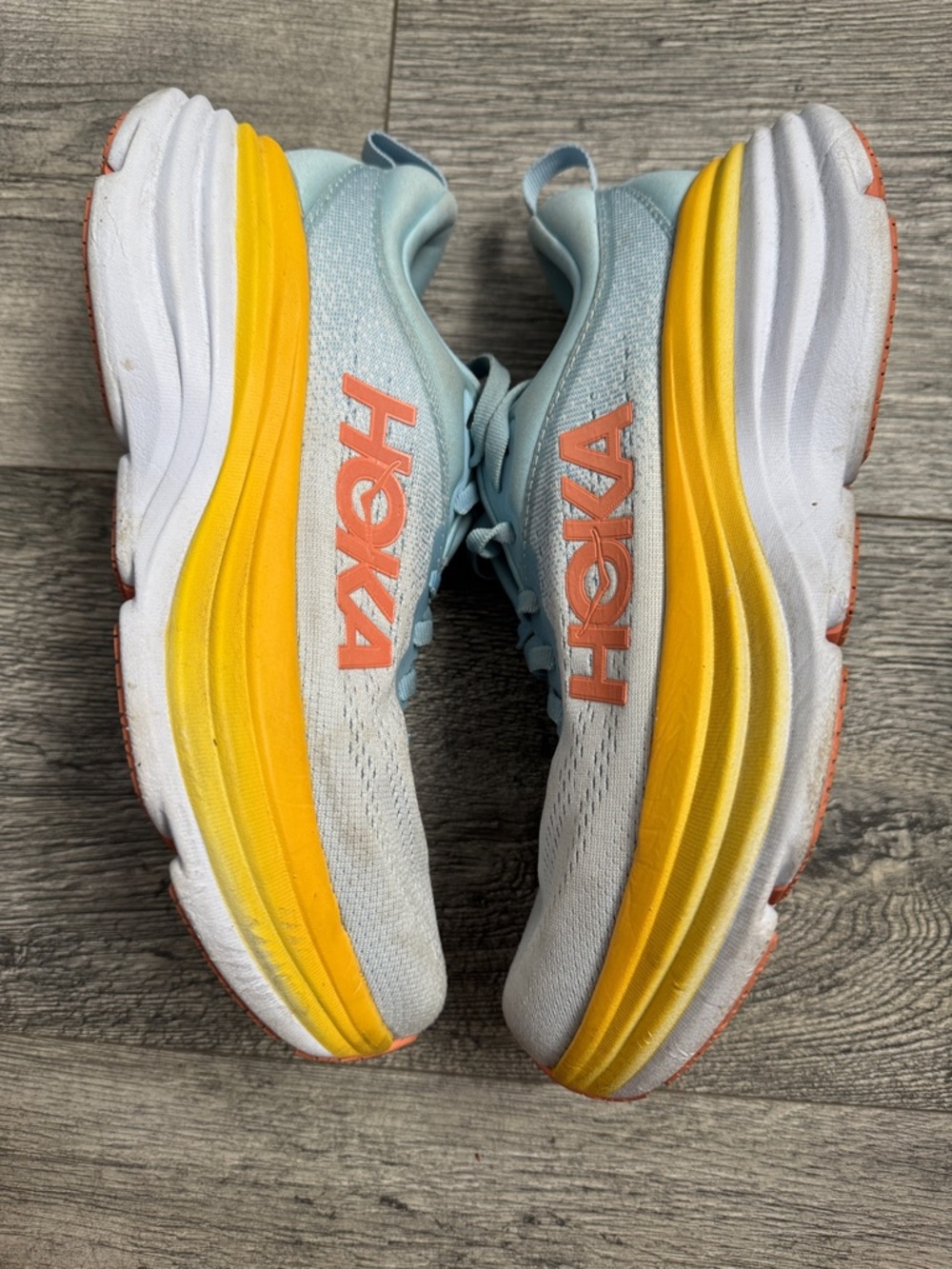 Hoka Light Blue Sneakers with Yellow Midsole and Coral Logo - Picture 5 of 9